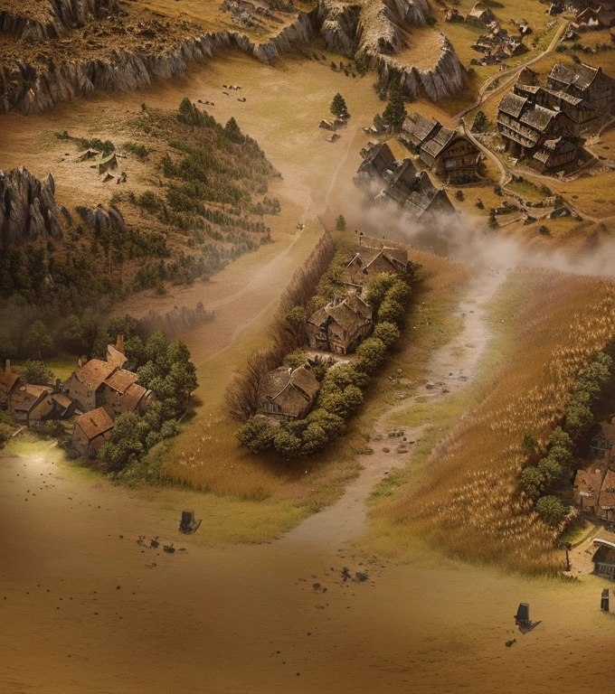 There is a small village,battle landscape, Game Map matte painting, background aerial battle, War scenery, Battle Map Props, Game Map, mountainous terrain, background: Battle Scene, Game Coverage, Steam Workshop Map, Very detailed terrain, Battlefield Landscape, Combat Position, Detailed scenery —width 672, invading army background