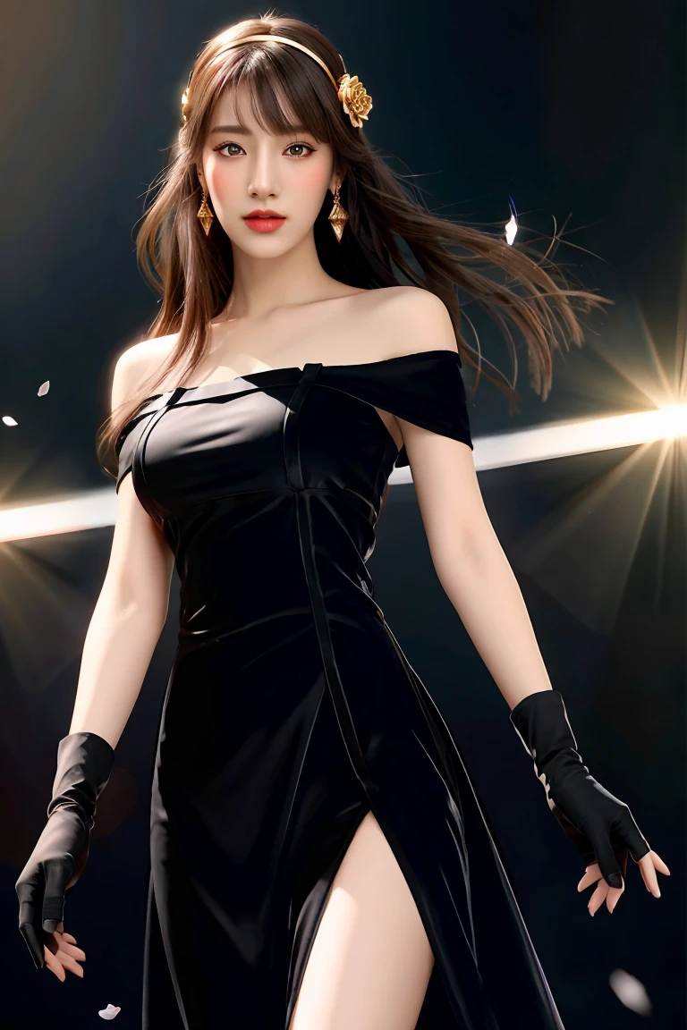 yor briar, (photorealistic), beautiful girl,backlighting, bare shoulders, black background, black dress, black gloves, black hair, breasts, closed mouth, cowboy shot, dress, earrings, expressionless, fingerless gloves, floating hair, gloves, gold earrings, gold hairband, hair flower, hair ornament, hairband, jewelry, large breasts, light particles, long hair, looking at viewer, off-shoulder dress, off shoulder, petals, red eyes, short hair with long locks, sidelocks, solo, spikes, thighs, two-sided dress, two-sided fabric, ((masterpiece))