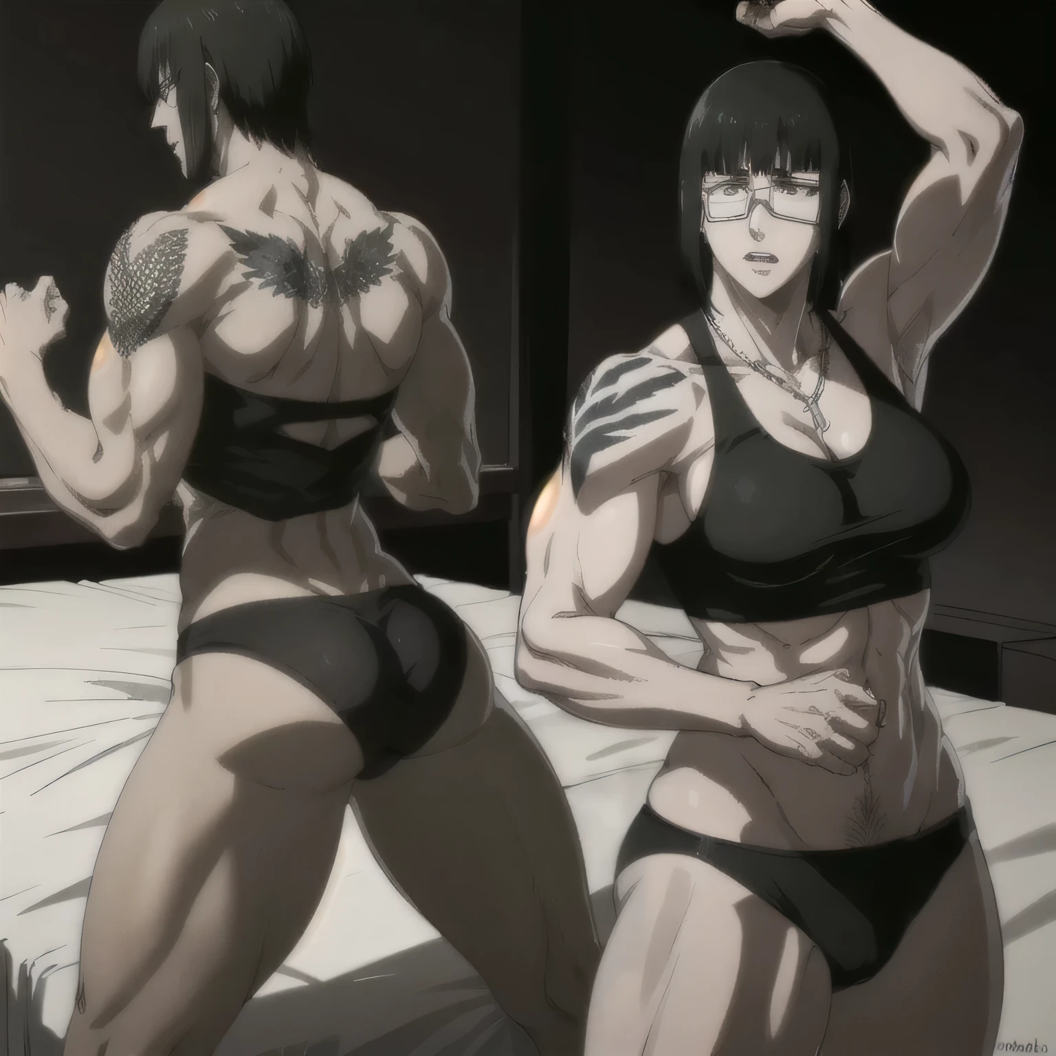 (best quality,ultra-detailed,realistic:1.37),musclaur badass girl with sculpted body have a tattoos wearing sport tank top and black male underwear, half review of the female character's face and body, intense expression, strong and confident posture, studio lighting, vivid colors, physiologically-based rendering, grungy texture, rugged background, dust particles in the air, commanding presence, professional, powerful, gritty aesthetics,Valmet،short hair,necklace,eyepatch,handsome look,Valmet prime muscles, growth inside underwear,tight underwear,sleeping in bed,Bed on the floor,She rests her hand on his pillow, side view from behind,side sleeping,muscles back