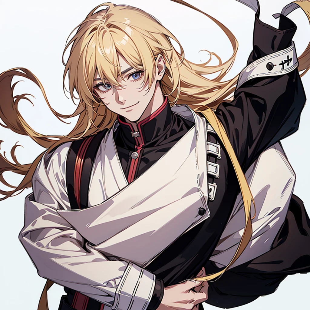 A full-body illustration of a handsome man looking at you and smiling。boots,visual kei,onii kei、Delicate Drawing、Blonde、acrylic、Thick Coating、Color Sketch、in the style of bold line,White background。A suitable background --s 70