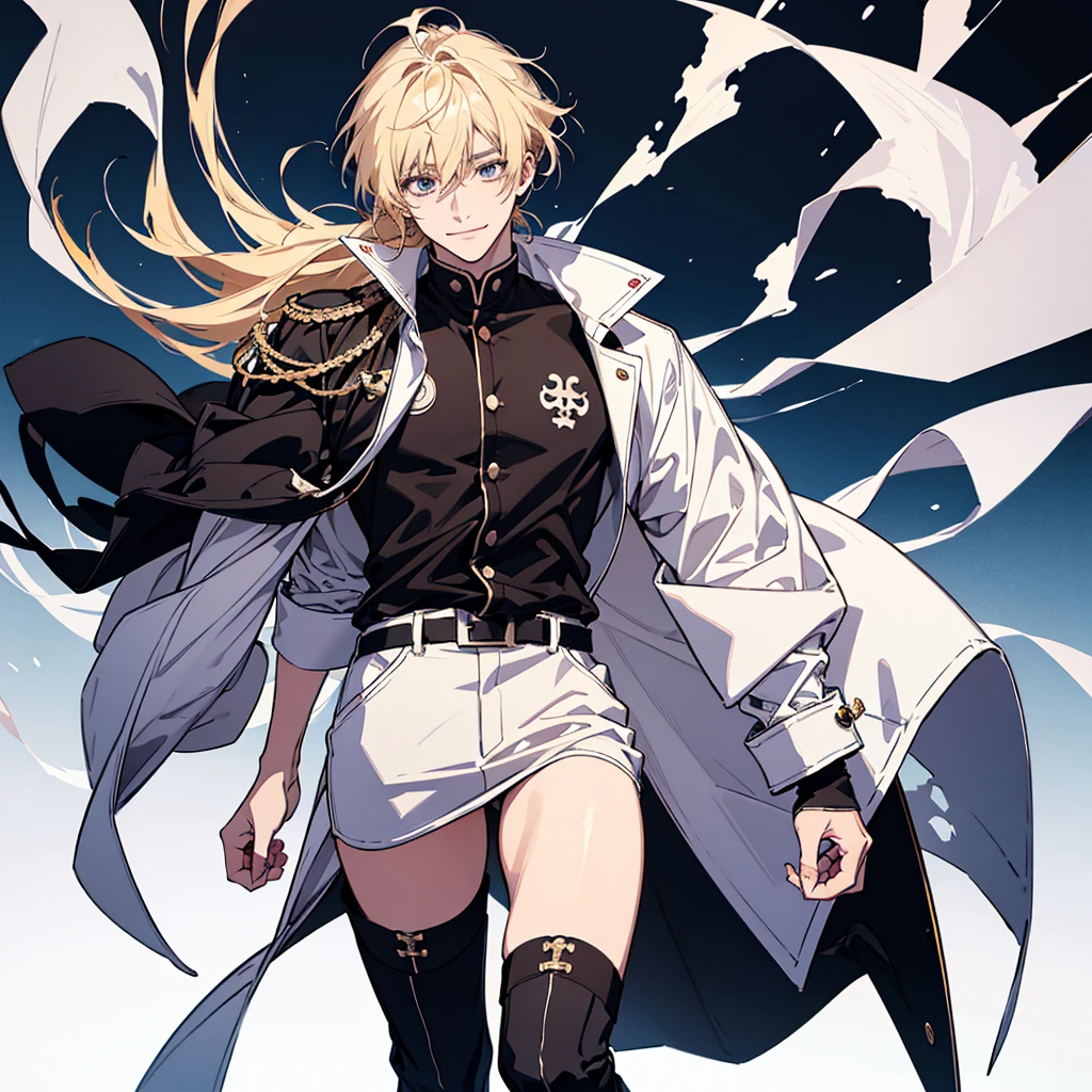 A full-body illustration of a handsome man looking at you and smiling。boots,visual kei,onii kei、Delicate Drawing、Blonde、acrylic、Thick Coating、Color Sketch、in the style of bold line,White background。A suitable background --s 70