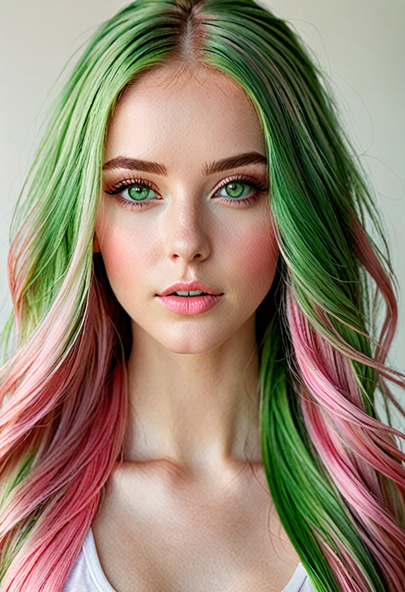 girl, beautiful green eyes, clear skin, soft makeup, long streaked green/pink hair, realistic soft skin, tight body, photorealistic.,realistic