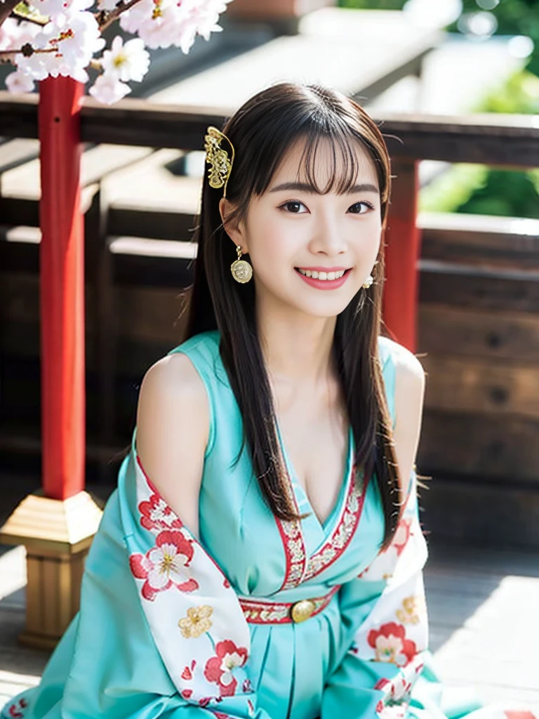 A girl , idol, detailed shrine maiden clothes, long shot, turquoise blue and gold shrine maiden clothes, Luxury shrine maiden clothes with detailed embroidery, bare shoulders, long hair, wearing transparent , best quality, (hair ornament:1.35), jewelry, earrings, cherry blossoms, lantern light, depth of field, detailed face, face focus, ribbon_trim, (looking at viewer:1.25), nontraditional miko, shiny skin, long sleeves, Beautiful firm cleavage, beautiful clavicle. big smile , thick lips, (blurry background:1.2), sitting, from below, Chinese style