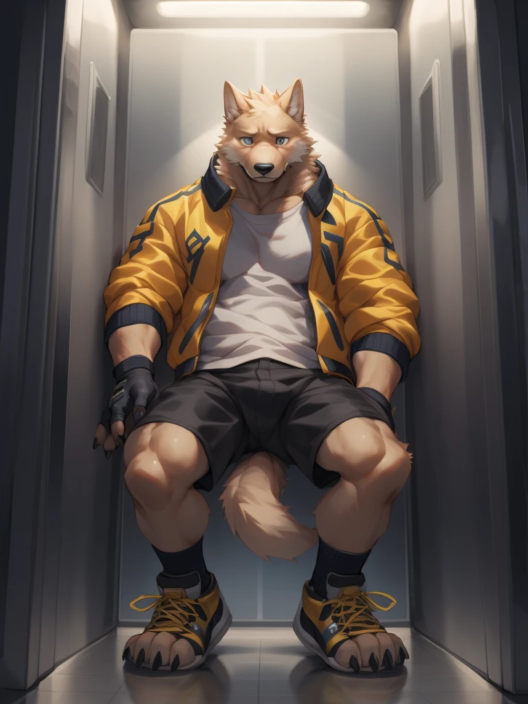 hi-res,extreme detail, masterpiece artwork,sharp shadows,best quality, highly detailed,
wetdogs, band-aid:1.7, anthro, sad, looking at viewer, In the elevator, clothing, mammal, solo, male, topwear, canid, canine, yellow jacket, fingerless gloves, footwear, white shirt, gloves, fur, canis, bottomwear, clothed, shorts, bandage, toeless footwear, shoes,claws, black nose, muscular, muscular male, kemono,by uken_l ,by null-ghost, 