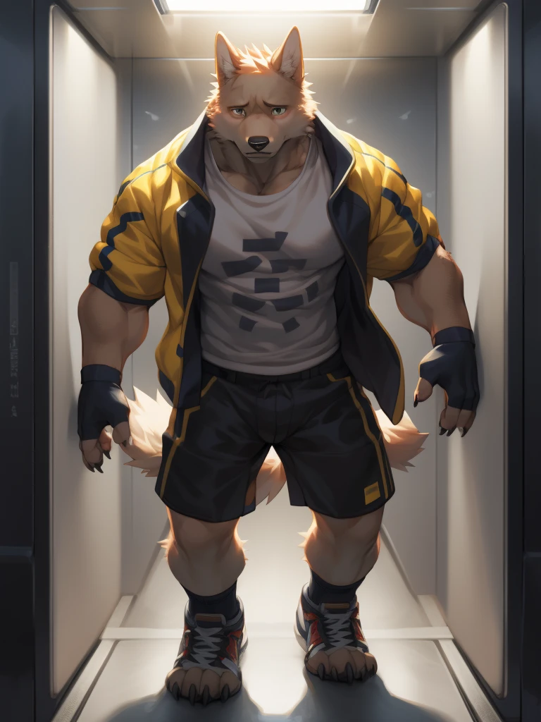 hi-res,extreme detail, masterpiece artwork,sharp shadows,best quality, highly detailed,
wetdogs, band-aid:1.7, anthro, sad, looking at viewer, In the elevator, clothing, mammal, solo, male, topwear, canid, canine, yellow jacket, fingerless gloves, footwear, white shirt, gloves, fur, canis, bottomwear, clothed, shorts, bandage, toeless footwear, shoes,claws, black nose, muscular, muscular male, kemono,by uken_l ,by null-ghost, 