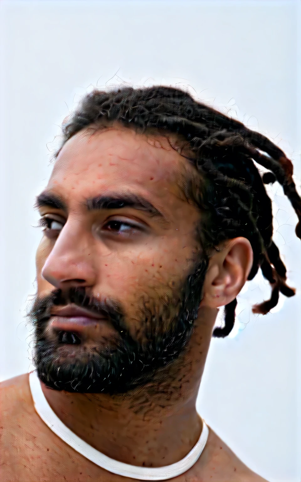 (ultra-high-resolution 8k, best quality, realistic profile photo:1.3) BREAK (american man, athlete, dark skin, 30years old), (black and short hair, dreadlocks:1.2), oblong face, black eyes, stern eyes, bushy eyebrows, grecian nose, (full beard:1.2) BREAK looking straight ahead, upper torso shot capturing his intense gaze BREAK (muscular body), double eyelid, closed mouth and , Well-balanced face, exuding the vibe of a fashion model with a neutral, serious expression BREAK