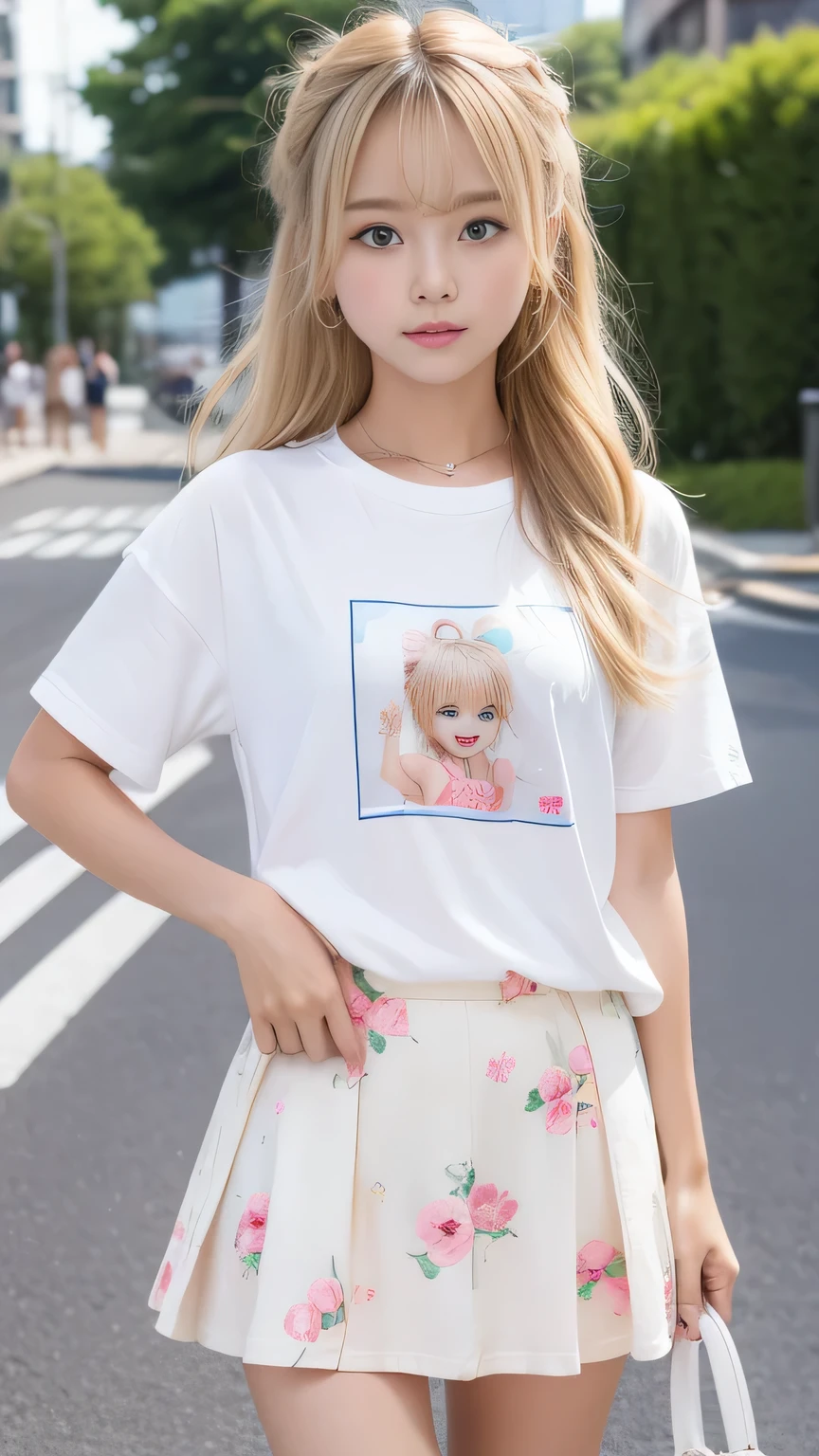 Sunburn marks on tanned skin、blush、Blonde bun hair,A cute 16-year-old girl with a cute look, A strong wind blows my hair in front of my face、Beautiful big sparkling eyes, Cute eyes hidden by long bangs、Yawn、No visible nasolabial folds、A short, light-colored miniskirt、A summer shirt with cute colorful patterns、Korean Beauty