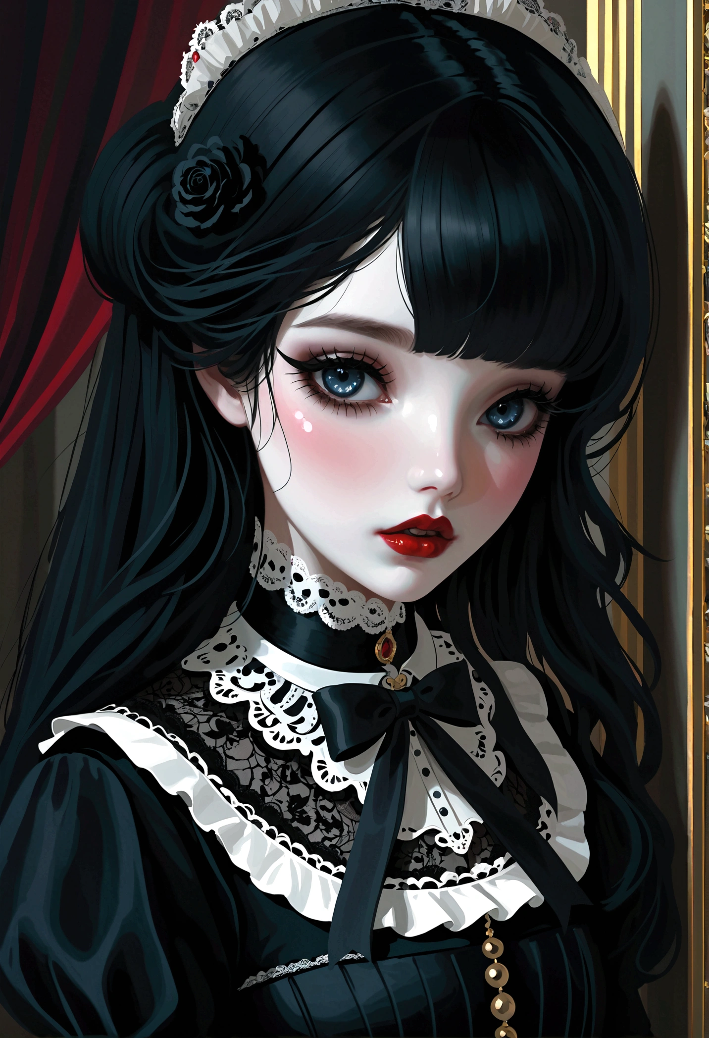 a gothic lolita girl,pale skin,red lips,long eyelashes,large eyes,porcelain doll-like face,intricate black lace Evening Dress,ruffles,bows,high collar,long black hair,haunting gaze,dark fairy tale,dramatic lighting,moody atmosphere,cinematic,highly detailed,masterpiece,photorealistic