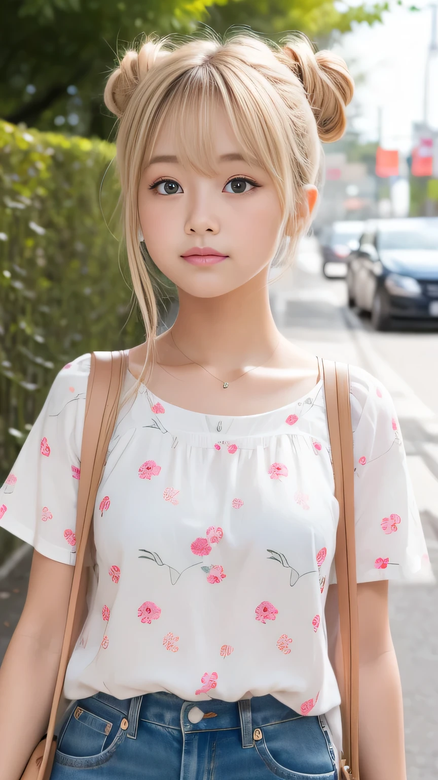 Sunburn marks on tanned skin、blush、Blonde bun hair,A cute 16-year-old girl with a cute look, A strong wind blows my hair in front of my face、Beautiful big sparkling eyes, Cute eyes hidden by long bangs、Yawn、No visible nasolabial folds、A short, light-colored miniskirt、A summer shirt with cute colorful patterns、Korean Beauty