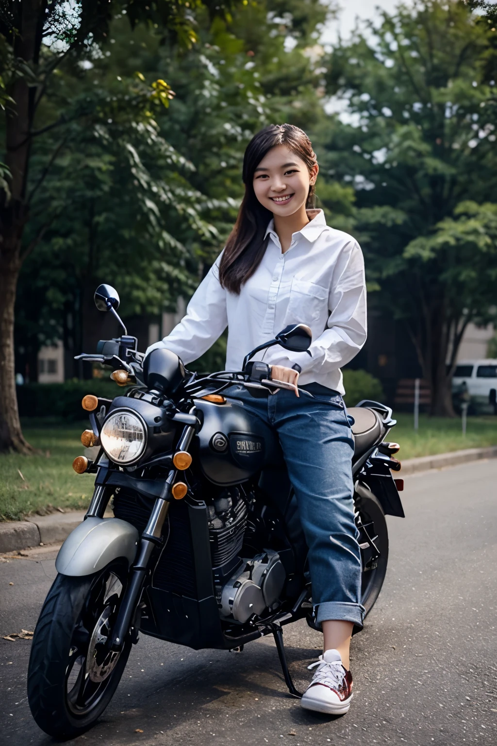 A beautiful 20 year old Chinese girl wearing a flannel shirt, jeans, black canvas shoes, is sitting on a Verspa motorbike, smiling sweetly, carrying a long-tailed white squirrel.