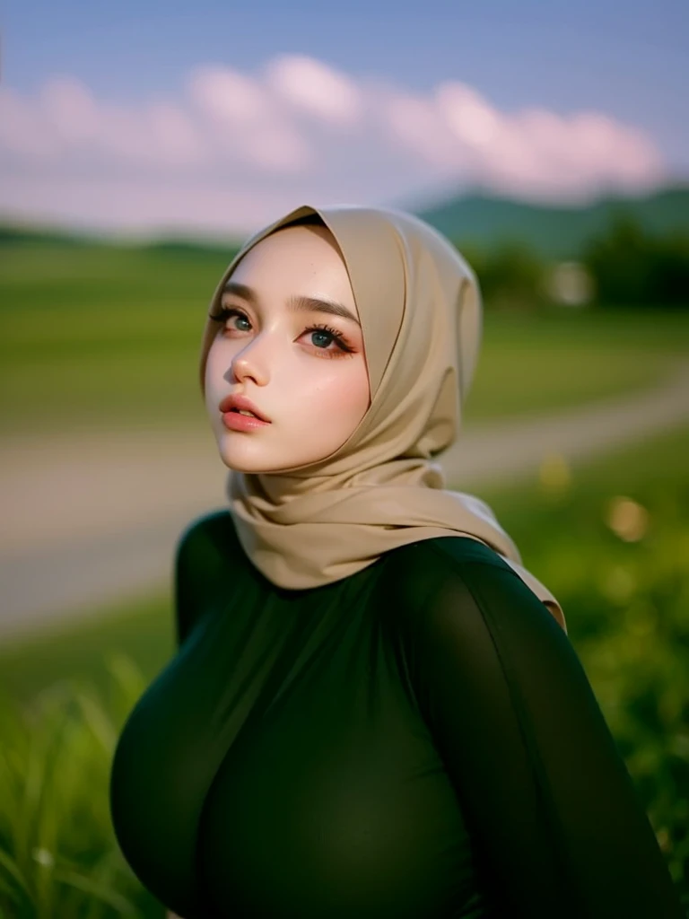 (Sfw huge D breast), sexy breast, (hijab), open_clothes, sexy bra, real skin, real breast, realistic skin, realistic breast, real face, realistic face, detailed face and breast, sexy, body proportions, beautiful eyes, purple eyes, seductive lips, pink glossy lips,