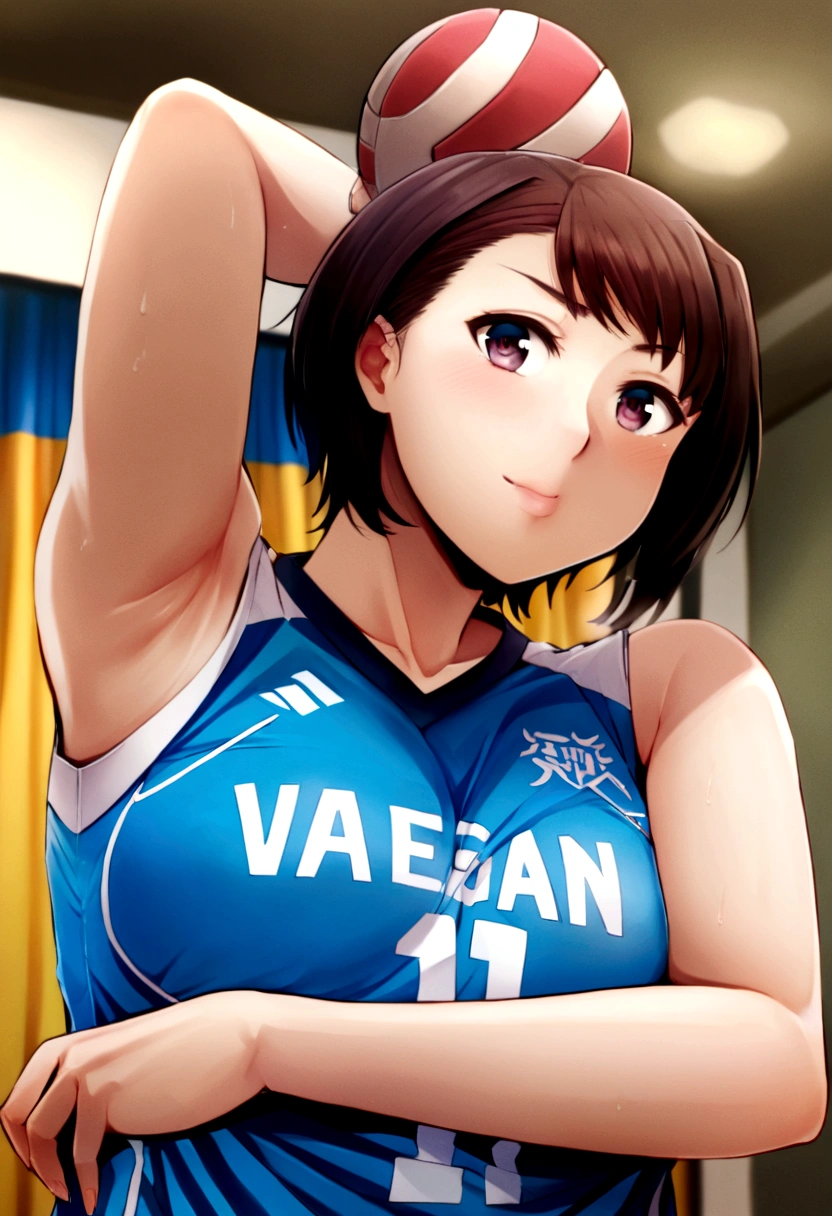 there is a woman that is posing for a picture in a uniform, Yuki Morita, mayuri shiina, Wearing a volleyball jersey, harumi, Yoshitomo Nara, akikazu mizuno, kimi takemura, mutsumi akasaki, etsuko miura, miura kentaro, marin kitagawa