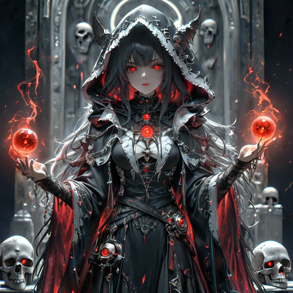 (Photo-realistic), Young Death Witch, Skull with red glowing eyes, ((Black robe with hood and detailed white trim)), Holding hourglass in right hand, (High Detail, Very detailed, masterpiece, beautiful:1.2), Black space appears in the background, Dynamic poses, Lenses,  Hong Kong Magic, 