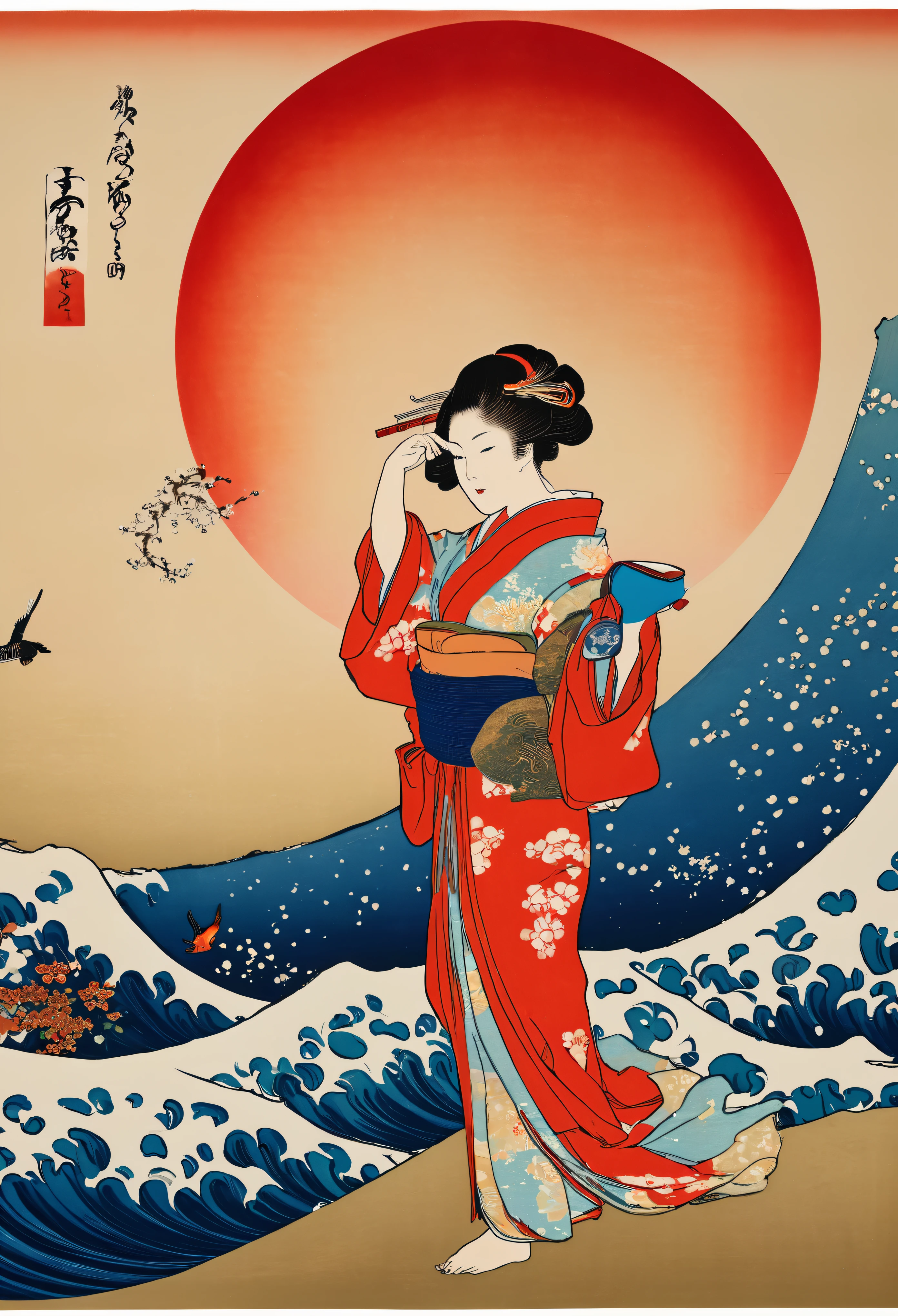 （Ukiyo-e，grande vague soleil rouge,rich and colorful,Mont Fuji）(chef-d&#39;artwork, best quality:1.2),Style Ukiyo-e，La Grande Vague au large de Kanagawa，fleurs, des oiseaux, Poissons et insectes，arbre，animal，(membrane masséter、Superior quality、Style Ukiyo-e、mystère、Exquis et beau、art officiel、Sharaku:1.2)、(1 fille dans:1.3)、(art fractal:1.3)、tir de cow-boy、peau blanche、Doigts clairs，beaux doigts(belle brune、kimono:1.2)、Dans le contexte des arts du spectacle traditionnels japonais、rich and colorful、(bobine、Appartient au style japonais:1.2)、peau brillante、Écarte tes jambes，Bout de chameau montrant la cuisse!!!、