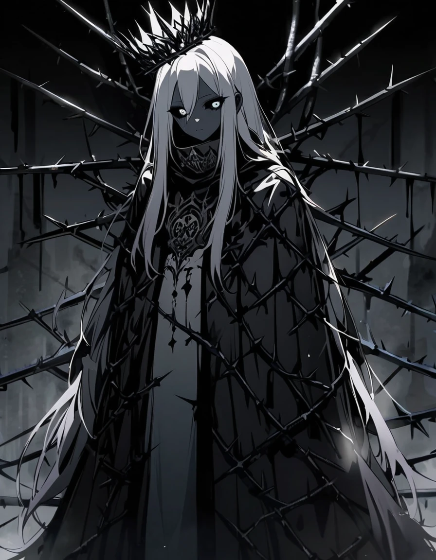 (dark art), gloomy girl, dark gray steel skin, gray eyes, gray sclera, steel colour hair, long hair, crown of metallic thorns, long clothes, high collar, many steel thorns, cold lighting, (dark lighting), many shadows, cold lights