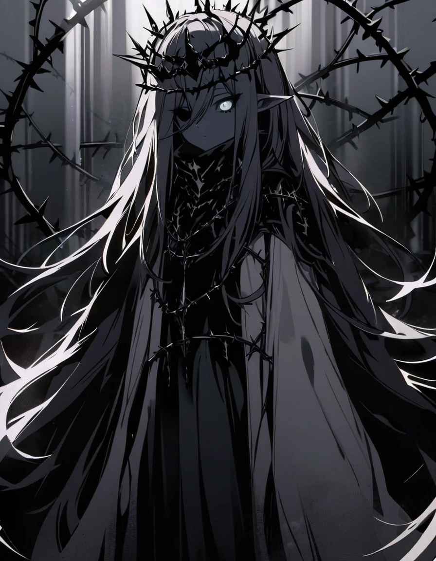(dark art), gloomy girl, dark gray steel skin, gray eyes, gray sclera, steel colour hair, long hair, crown of metallic thorns, long clothes, high collar, many steel thorns, cold lighting, (dark lighting), many shadows, cold lights