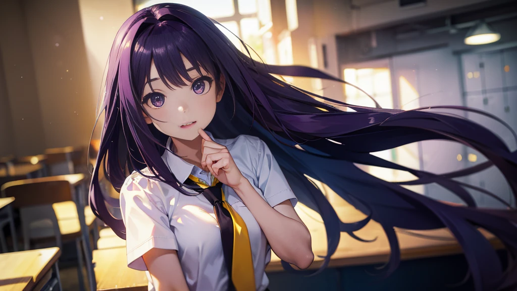 Best picture quality, 8K, high quality, masterpiece:1.2), ((masterpiece)), (great detail, high quality, best picture quality), bokeh, DOF, Portrait, open stance, purple hair long hair, in black, standing, round face, in white with a yellow tie, singing in the classroom
