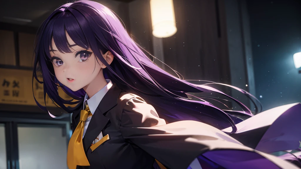 Best picture quality, 8K, high quality, masterpiece:1.2), ((masterpiece)), (great detail, high quality, best picture quality), bokeh, DOF, Portrait, open stance, purple hair long hair, in black, standing, round face, in white with a yellow tie, singing in the classroom