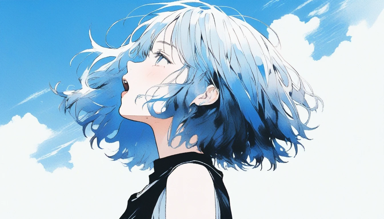 Illustrator, anime , Realistic ,sketch , Abstract sunshine background、Body、1 girl, ,Looking up at the sky, I scream、lip, 首にblackチョーカー,order, White gradient background, Blue Hair,Short Bob、blacktshirt、Textured Trim, Canadian, (masterpiece,Highest quality) Cancer