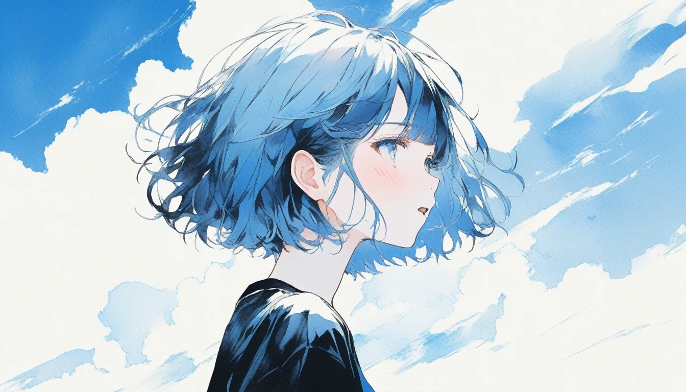 Illustrator, anime , Realistic ,sketch , Abstract sunshine background、Body、1 girl, ,Looking up at the sky, I scream、lip, 首にblackﾁｮｰｶｰ,order, White gradient background, Blue Hair,Short Bob、blackｔshirt、Textured Trim, Canadian, (masterpiece,Highest quality) Cancer