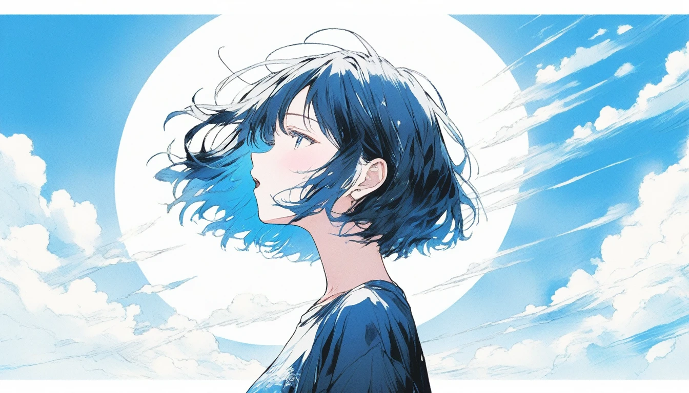 Illustrator, anime , Realistic ,sketch , Abstract sunshine background、Body、1 girl, ,Looking up at the sky, I scream、lip, 首にblackﾁｮｰｶｰ,order, White gradient background, Blue Hair,Short Bob、blackｔshirt、Textured Trim, Canadian, (masterpiece,Highest quality) Cancer