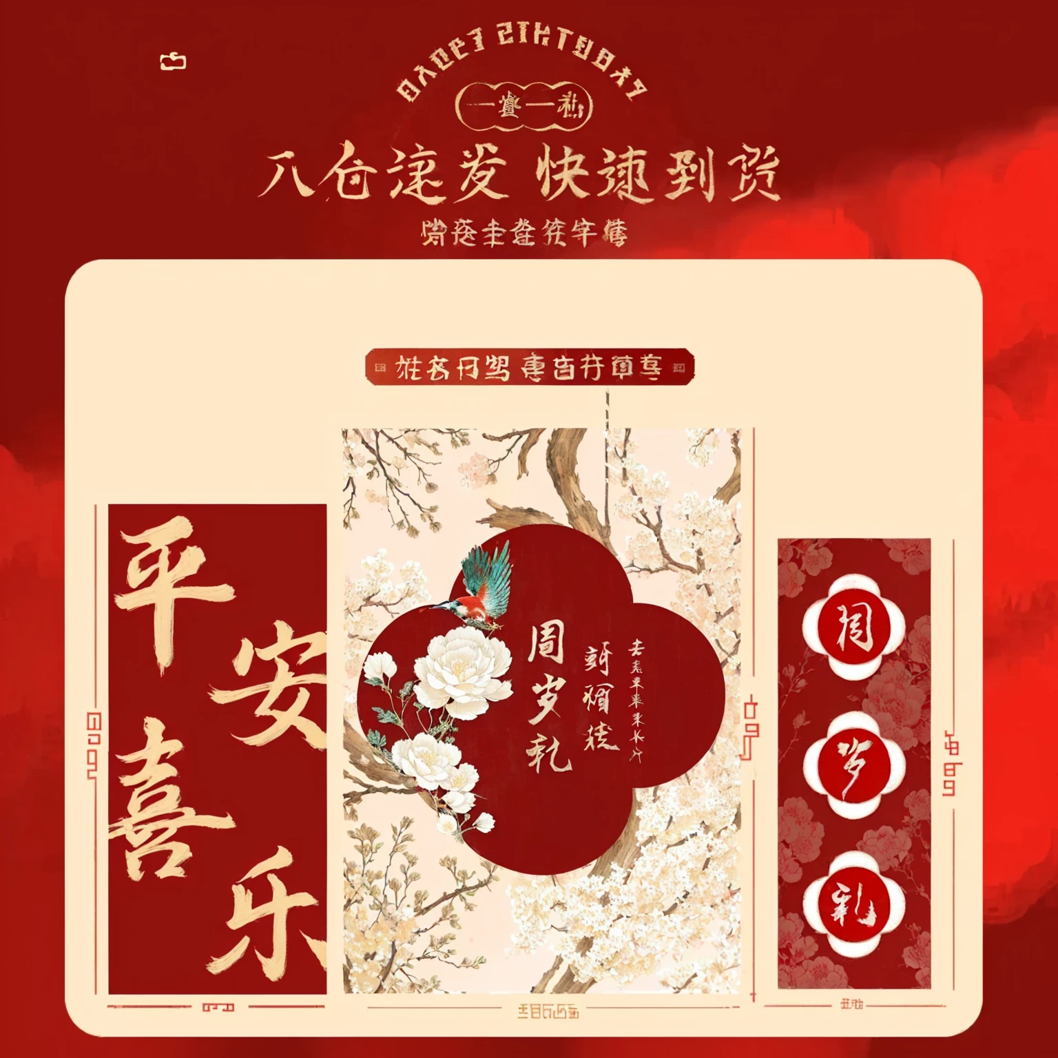 There is a red and white card,There is a picture of a bird on it, Ghost Festival, Full card design, Greetings Card, Invitation cards, art cover, package cover, List Image, Chinese watercolor style, poster, golden Chinese text, red and white color theme, Chinese painting style, cover, Chinese text, Chinese painting, Chinese, Wine labels