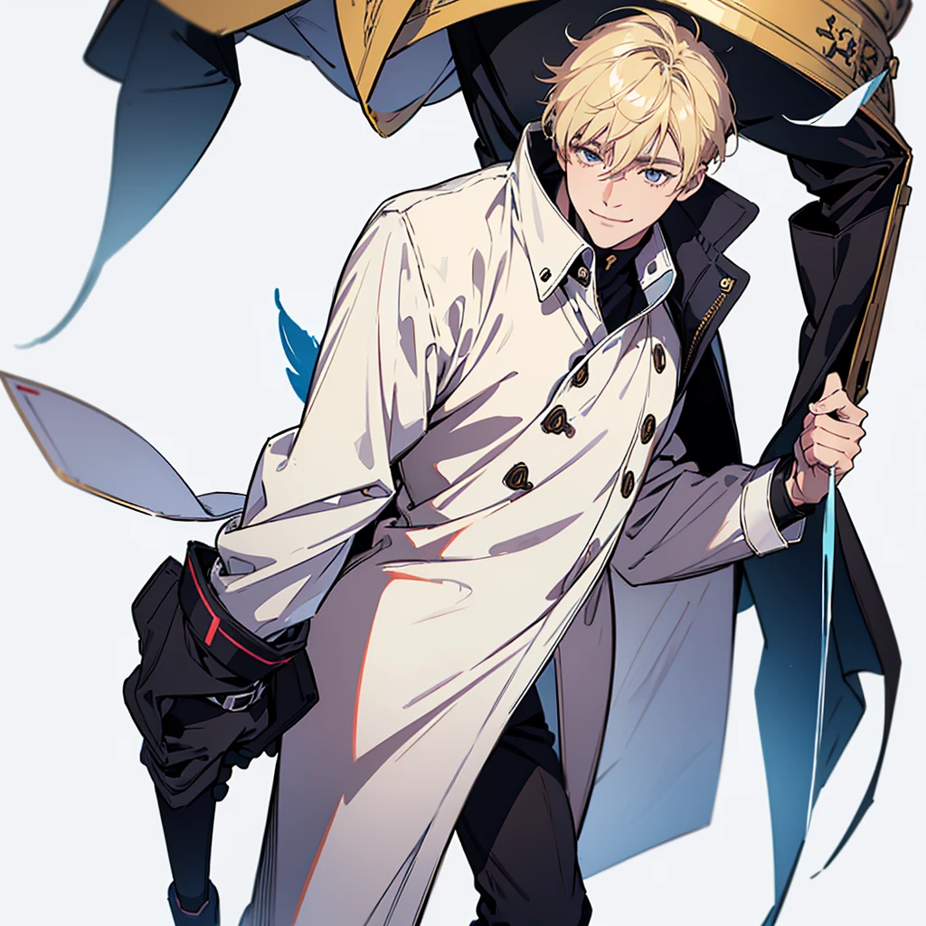 A full-body illustration of a handsome man looking at you and smiling。boots,Delicate Drawing、Blonde、acrylic、Thick Coating、Color Sketch、in the style of bold line,White background。A suitable background --s 70