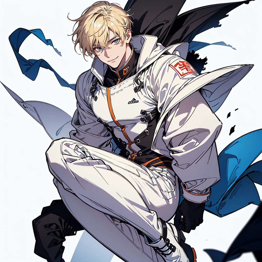 Whitish blonde hair , Loose fitting Hawaiian shirt and black pants loose , sandals , blue eyes , smiling face , 1male , lean build , spiky hair , messy hair , short hair , mature face