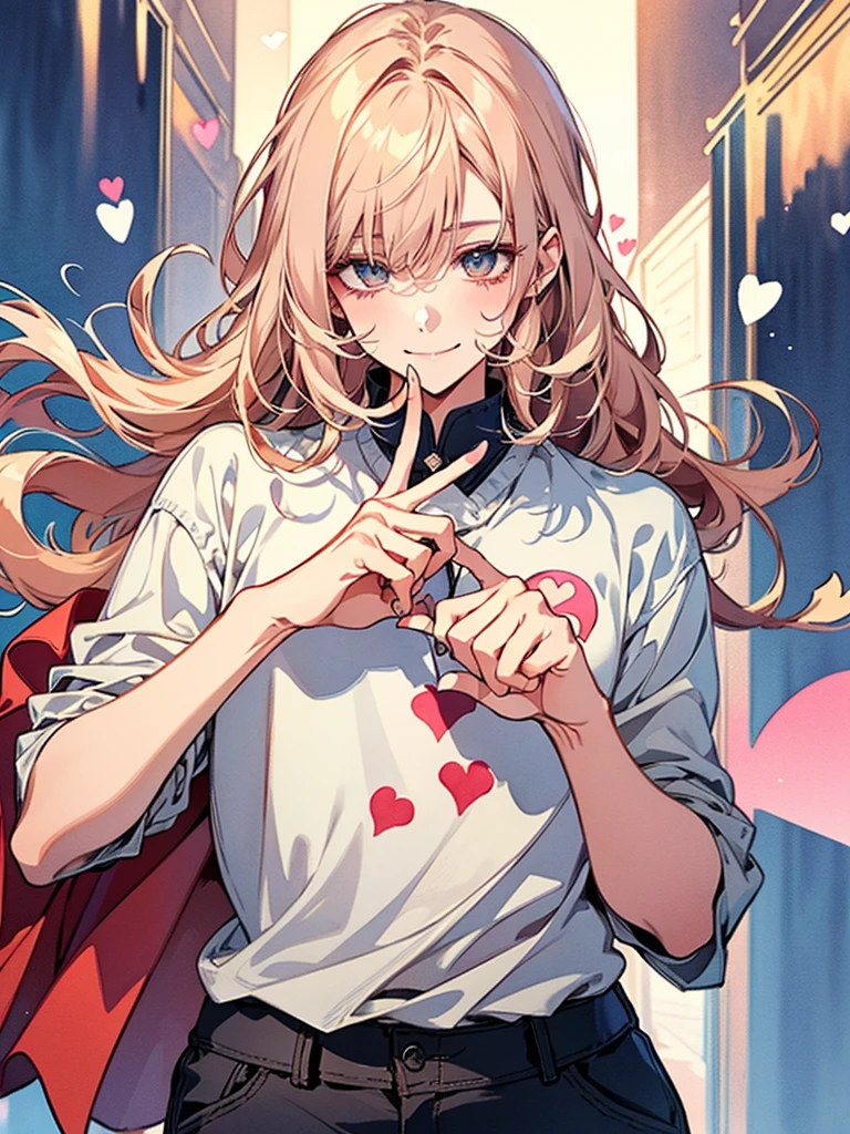 clear line drawing, transparent watercolor, clear shading, beautiful young man, slim,finger heart, Fashionable everyday wear, convey love, inner strength, ❤️, loves it,high quality, Amount to draw, pixiv illustration,smile, {{{man make heart symbol with fingers,make heart symbol with index fingers and middle fingers}}},