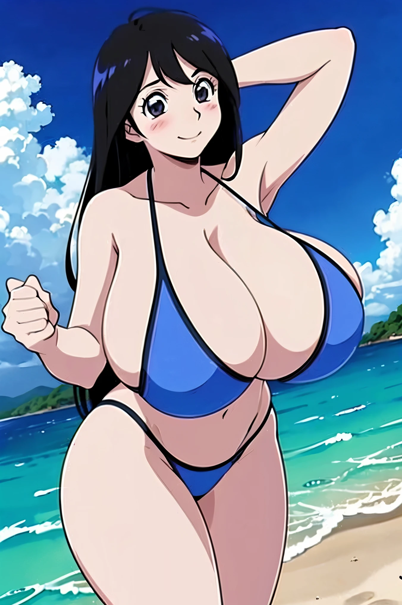(high quality、high resolution、Masterpiece:1.3),nakanotani mina,airmaster,(gigantic breasts:1.5),black hair,long hair,shibata yokusaru style,wide hip,bikini, beach,happy smile,blush,(dynamic pose:1.2)