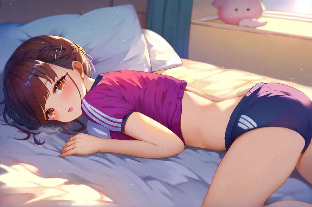 score_9, score_8_superior, score_7_superior, score_6_superior, score_5_superior, score_4_lovelive_sun shine_Watanabe_Yao_Gym suit_Bloomer Style_Lie down in bed_View your viewers
