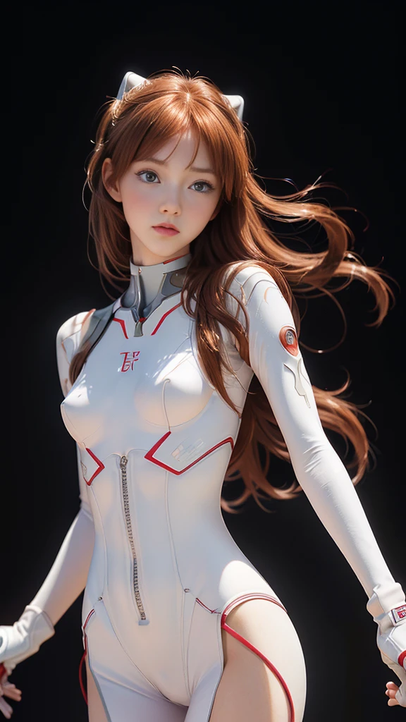 Very beautiful and shining eyes、Redhead、(((Realistic)))picture, masterpiece, Highest quality, One Girl, Narrow waist, Highest quality, Pale-skinned, Ryu Asuka Langle, Plug Suit 02, Black background, (Face and eye details:1.1), Individuality, blush, ((Shy)), Very delicate and beautiful girl, Dynamic Pose, (to8contrastスタイル),