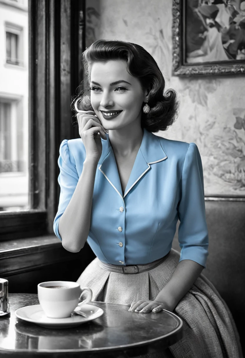 1950 Beautiful Parisian, elegantly dressed in a busy Parisian café, hellblaue Bluse, vollbusig, Dekollete, Sipping coffee, Hyperdetailliert, sensual smile, sexy, Schlafzimmer Augen, ultrascharf, langes kastanienbraunes Haar, Bob-Haarschnitt 8k, (wahnsinnig detailliert:1.5), Full body photo, 20 megapixel, Canon EOS R3, detaillierte Haut, pale skin big breasts