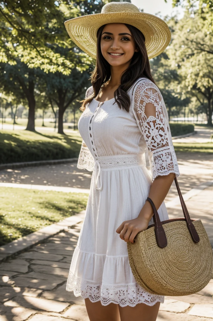 Obra maestra, mejor calidad, high resolution, extremadamente detallado, antecedentes detallados, cinematic lighting, 1 chica, mirando al espectador, parque, vestido blanco, sombrero para el sol, sonrisa, usando mochila randoseru, (mochila randoseru:1.0), de pie, semi d
esnuda