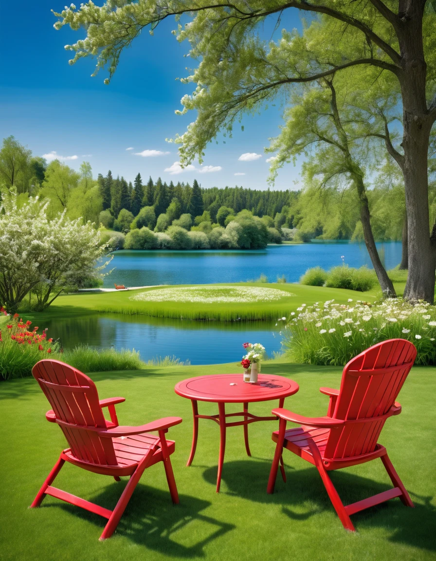 Beautiful lawn, lake in the distance, red chairs and table on green grass, flowers blooming, high definition photography, bright colors, blue sky, green trees, natural scenery, lake view, relaxation, and comfortable feeling. --ar 3:4 --s 750 --style raw --v 6