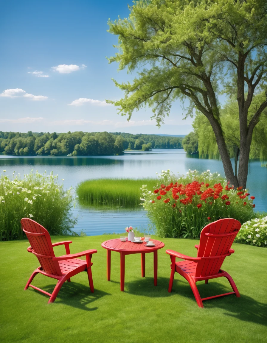 Beautiful lawn, lake in the distance, red chairs and table on green grass, flowers blooming, high definition photography, bright colors, blue sky, green trees, natural scenery, lake view, relaxation, and comfortable feeling. --ar 3:4 --s 750 --style raw --v 6