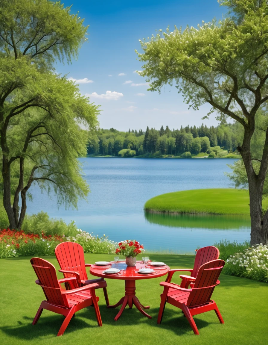 Beautiful lawn, lake in the distance, red chairs and table on green grass, flowers blooming, high definition photography, bright colors, blue sky, green trees, natural scenery, lake view, relaxation, and comfortable feeling. --ar 3:4 --s 750 --style raw --v 6