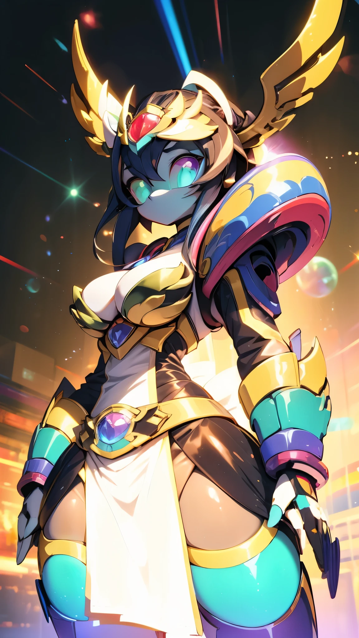quality\(8k,Extremely detailed CG unit wallpaper, masterpiece,high resolution,top-quality,top-quality real texture skin,Surrealism,提high resolution,RAW photos,Best quality,Very detailed,,light,Ray Tracing,Golden Ratio\),Mechanical Girl,Doll girl,Glowing eyes,Doll eyes,matriarchal,mature body,Mature system,Royal sister,grace,cute,Big Ass,Big butt,Big breasts,Big ,belt,机械belt,宝石belt,White skin,White underwear,grace,thigh,thigh,rainbow装甲,rainbow色铠甲,rainbow,rainbow装甲,rainbow装甲,apron,apron,apron,Skirt,Long hair,Long hair,Long hair