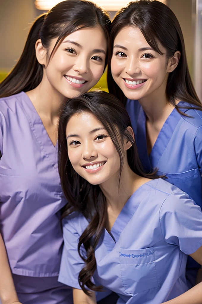 Dental hygienist, only two women Side by side, smiling, wearing brown medical scrubs Brown, short sleeves, cute, Japanese, black hair, female, early 20s Upper body close-up high resolution Highest quality