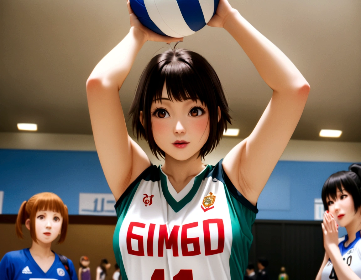 Arabian woman taking a photo wearing green volleyball uniform, Wearing a volleyball jersey, Chiho ashima, Chiho, aoshima Chiho, Ogata Aoi, Nishimiya Shoko, Yoshitomo Nara, Yuki Morita, deAyami kojima, mayuri shiina, Ayami, Kazami Yuuka