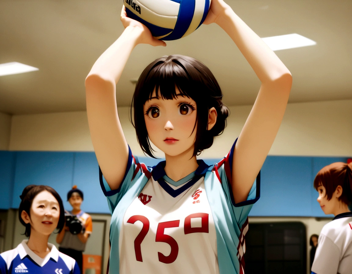 There is a woman holding a volleyball ball in her hands, Wearing a volleyball jersey, Live-action movie stills, Photo 1 5mm, akikazu mizuno, Shot with Sony A7III, kimi takemura, Shot with Canon EOA 6D Mark II, Shot with a Canon 5D MK4, chiho ashima, Shot with the Nikon Z9