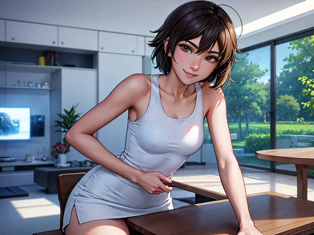 high quality, Makoto Shinkai style, detailed facial details, bright colors, 4K, (solo:1.4), a beautiful 18-year-old woman with short hair, dressed in a white tank top and white miniskirt. She is seated at a sleek, modern dining table in a contemporary living room, browsing on an iPad. A Wi-Fi router is visible on the table. She is smiling broadly and looking directly at the camera. The room has minimalist decor