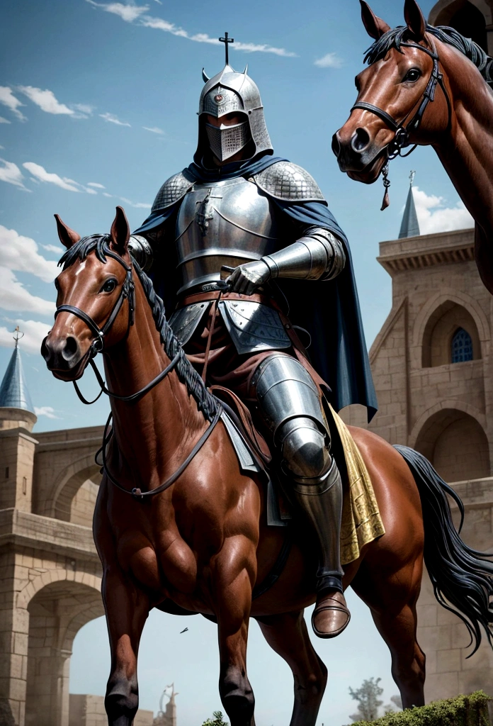 Statue of a man wearing a cloak riding a horse, High-detail iconic characters, surrealism, Amazing level of detail, Detailed explanation by Mark Brooks, lawyer, article on horseback, horse warrior, holy crusader medieval article, High resolution and detail, medieval holy crusader article, Highly detailed and sharp rendering, Trends in ZBrush Central, (((article))), Incredibly detailed scene