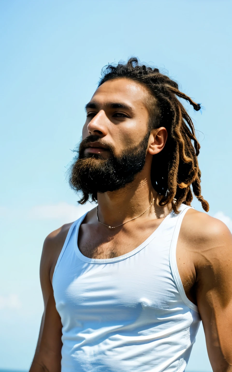 (ultra-high-resolution 8k, best quality, photo realistic:1.4) profile photo, BREAK american, (man), athlete, dark skin, 30years old, (black and short hair, dreadlocks:1.2), oblong face, black eyes, stern eyes, bushy eyebrows, grecian nose, (full beard:1.2), BREAK looking straight ahead, upper torso shot capturing his intense gaze,  (looking at viewer:1.3), BREAK (muscular body), double eyelid, closed mouth and , Well-balanced face, wearing white no-sleeve top, exuding the vibe of a fashion model with a neutral, serious expression, BREAK