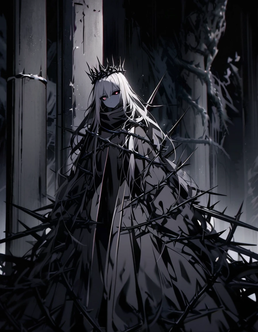 (dark art), gloomy girl, dark gray steel skin, gray eyes, gray sclera, steel colour dark gray hair, long hair, crown of metallic thorns, long clothes, high collar, many steel thorns, cold lighting, (dark lighting), many shadows, cold lights
