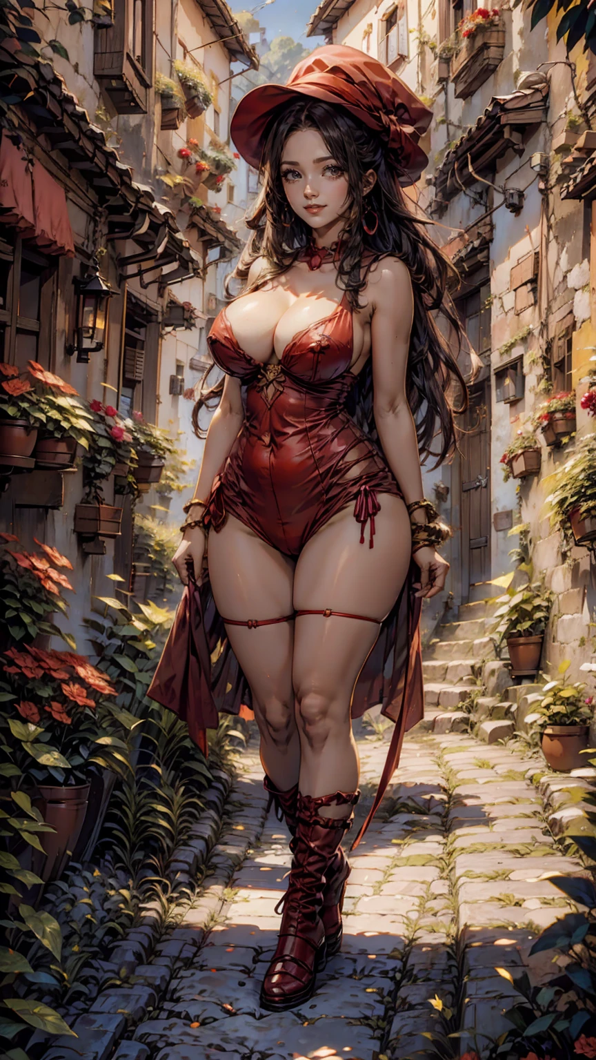 a woman wearing a red hat walking down a street, smiley face smile on face, happiness, huge breasts, hot body curves, beautiful city, tlaquepaque, ancient city streets behind her, spain, spanish alleyway, narrow streets, alone gorgeous latin woman, narrow and winding cozy streets, photo of slim girl, spanish, narrow street, city of armenia quindio, red hat, trending on interfacelift