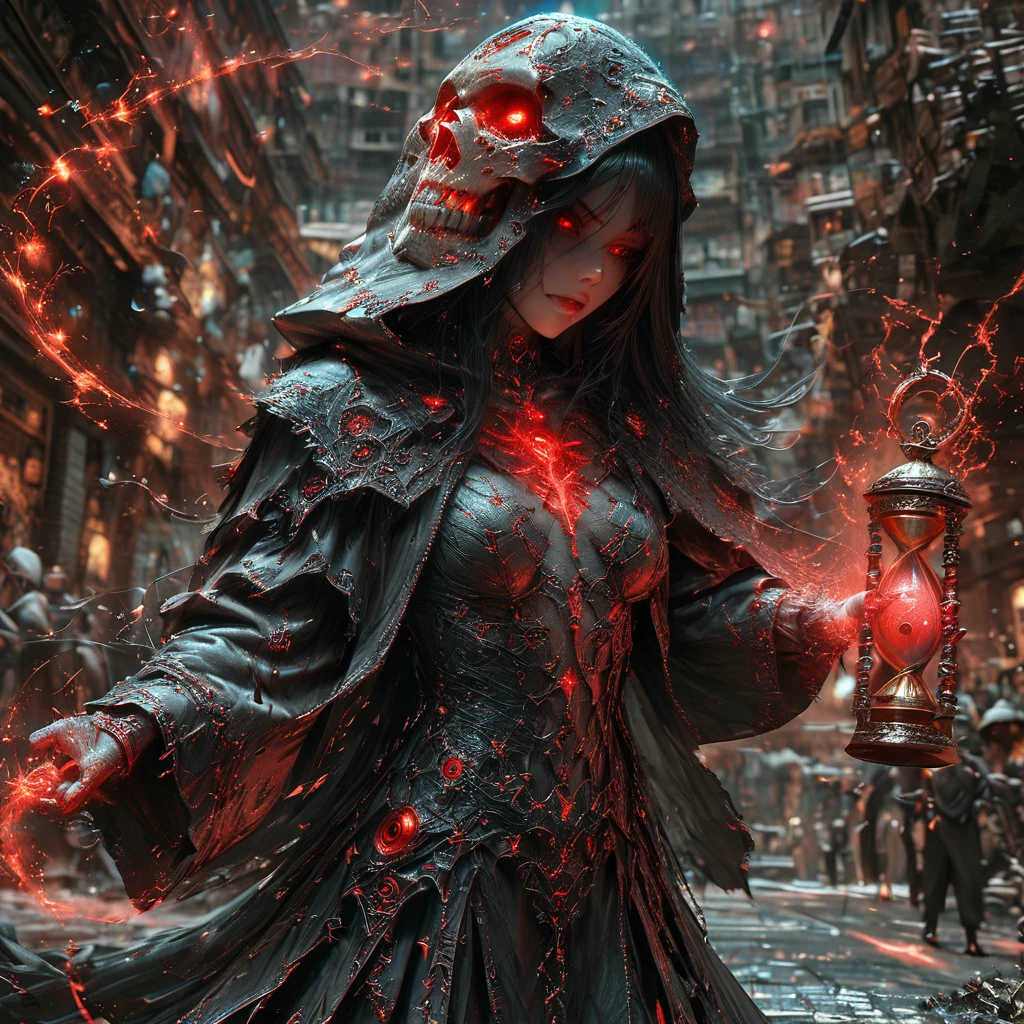 (Photo-realistic), Young Death Witch, Skull with red glowing eyes, ((Black robe with hood and detailed white trim)), Holding hourglass in right hand, (High Detail, Very detailed, masterpiece, beautiful:1.2), Black space appears in the background, Dynamic poses, Lenses,  Hong Kong Magic, 