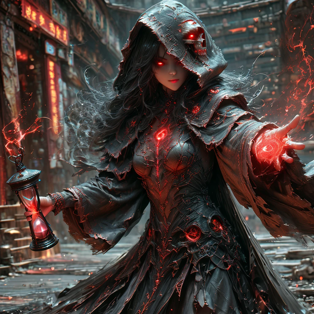 (Photo-realistic), Young Death Witch, Skull with red glowing eyes, ((Black robe with hood and detailed white trim)), Holding hourglass in right hand, (High Detail, Very detailed, masterpiece, beautiful:1.2), Black space appears in the background, Dynamic poses, Lenses,  Hong Kong Magic, 