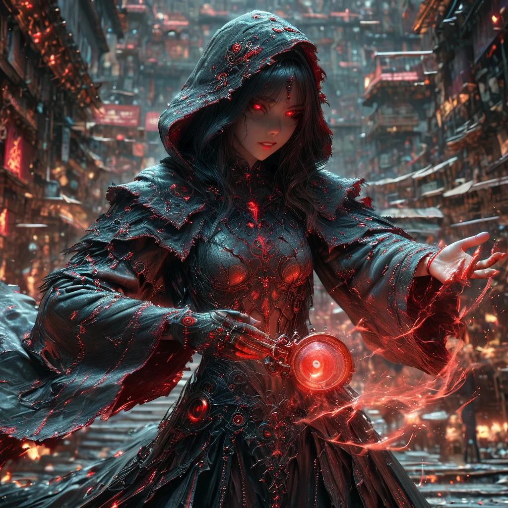 (Photo-realistic), Young Death Witch, Skull with red glowing eyes, ((Black robe with hood and detailed white trim)), Holding hourglass in right hand, (High Detail, Very detailed, masterpiece, beautiful:1.2), Black space appears in the background, Dynamic poses, Lenses,  Hong Kong Magic, 