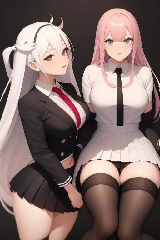 2 extremely sexy lesbians having sex, one has long white hair and a white pleated skirt, stockings and black top. The other has long pink hair and a black pleated skirt, stockings and white top.